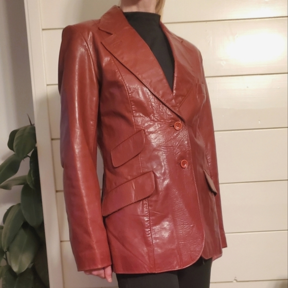70s Beged-Or Leather Jacket, Rust Orange-Brown, Vintage 12, Lapels Buttons Slim